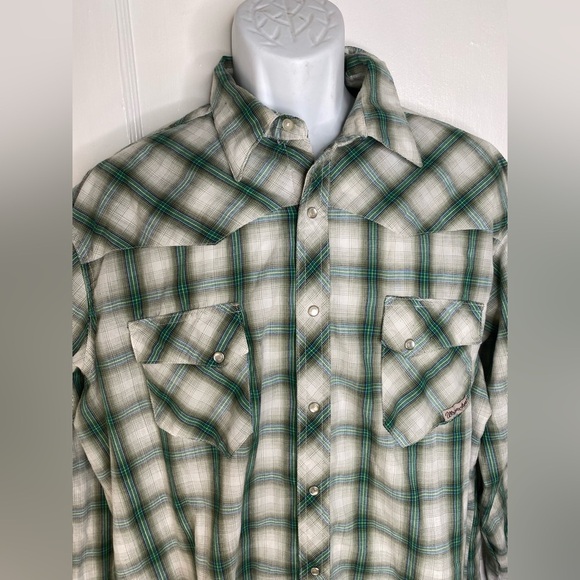 WRANGLER Western Pearl Snap Button Green Plaid Shirt - Picture 2 of 9